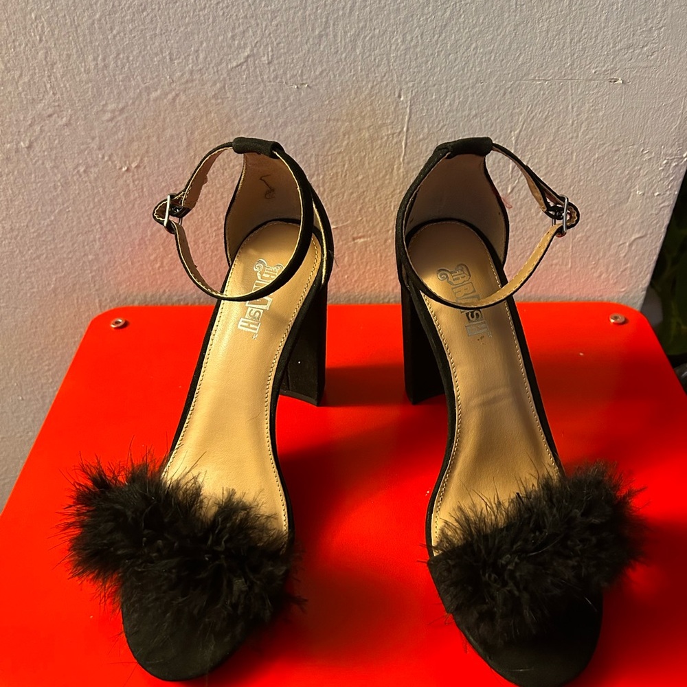 Aldo Black Heeled Sandals with Feather Accent
